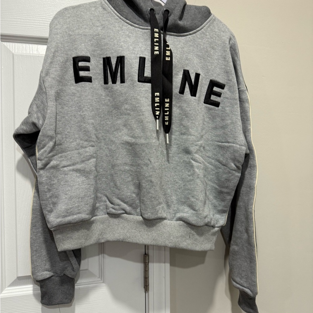 Gray EMILINE Hoodie with Black Lettering